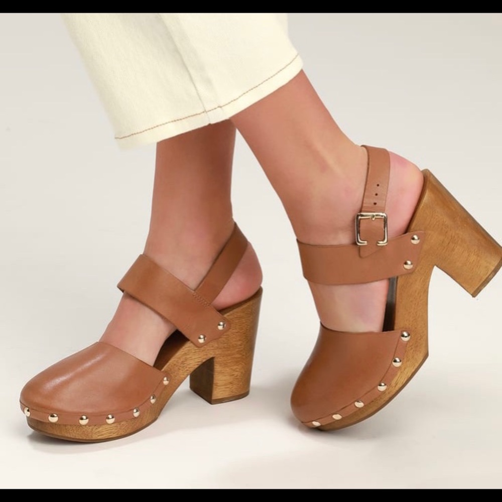 Weslyn Cognac Vachetta Leather Wooden Clog Heels